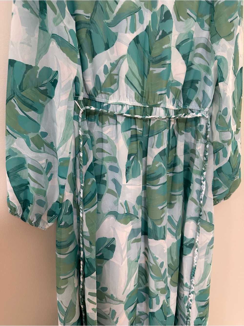 Soft Surroundings Teal and Green Leaf-Print Wrap Dress - Picture 8 of 9